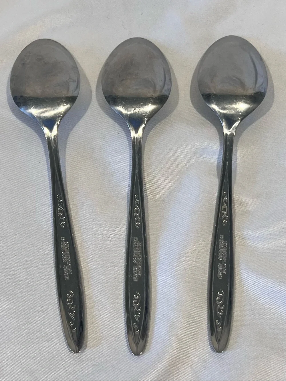 Customcraft Stainless Japan Floral  Teaspoon Set of 3 CUS5 Vintage Ornate Silver